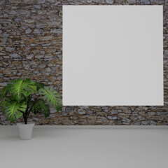 3d illustration white frame on stone-bricks wall