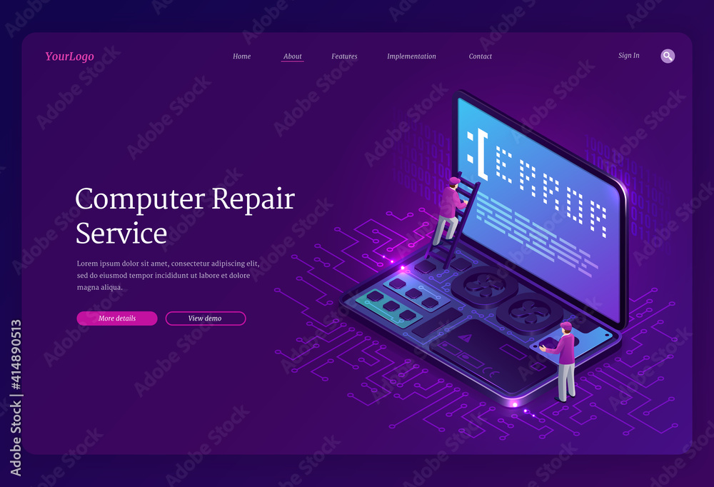 Wall mural computer repair service isometric landing page, tiny workers with ladder climb at huge laptop with e