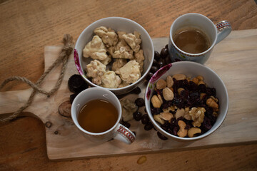 Coffee and nuts on platter