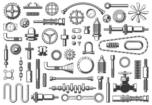 Machine parts vector icons chain, pipe and coupling, gear or pinion. Monochrome clamp, nut, crankshaft and timing belt with steering screw, hose and funnel. Isolated pressure gauge and spring set