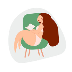 Body positive. Self-love. Love for your body. The woman is reading. The woman is sitting in a chair. Trendy vector illustration for websites, apps and print
