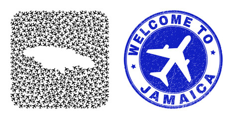 Vector mosaic Jamaica map of air flight elements and grunge Welcome seal. Collage geographic Jamaica map constructed as carved shape from rounded square with air shippings.