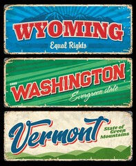Washington, Vermont and Wyoming USA state vintage signs. Vector travel and tourism banners with American evergreen, equality and green mountain states, retro postcard with grunge effects