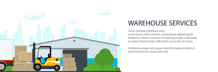 Warehouse with forklift truck on the background of the city, banner of transportation and cargo services and storage, vector illustration