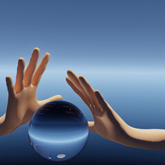 3d illustration 2 hands protecting a blue glass sphere