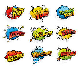 Comic retro exclamations and greeting speech clouds. Thank you, hooray and welcome pop art explosion bubbles. Comics blast clouds, icons or vintage stickers with exclamations and expressions © Vector Tradition