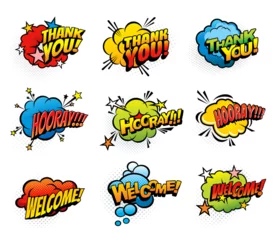 Fotobehang Comic retro exclamations and greeting speech clouds. Thank you, hooray and welcome pop art explosion bubbles. Comics blast clouds, icons or vintage stickers with exclamations and expressions © Vector Tradition