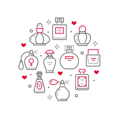 Perfume bottles circle poster with line icons. Vector illustration included icon as glass sprayer, luxury parfum sampler, essential oil, cologne outline pictogram for cosmetic store flyer or brochure