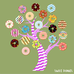 Vector illustration. 
All details on separate layers. Donut tree. Fabulous drawing, donuts grow on tree branches. Silhouette of a tree without leaves. Can be used as illustrations in a book, food adve