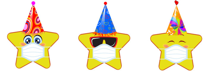 Vector set of star emoticons. Collection of yellow stars  with different emotions in cartoon style on white background
