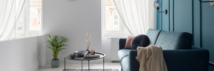 Stylish blue sofa and simple black coffee table, panorama