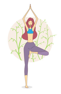 Young woman doing yoga in nature and leaves - vector illustration