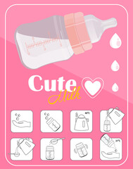Vector illustration. Instructions for use on how to cook milk mixture. Baby milk bottle with a pacifier.