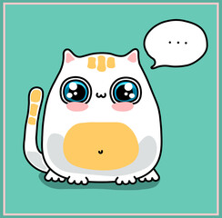 Vector sitting cat postcard. Cloud for text. Cute, fat, smiling, big eyes.