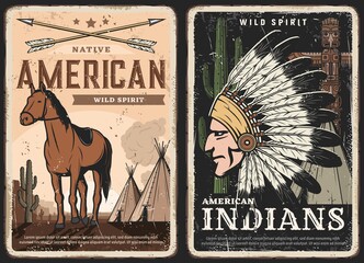 Native americans, indians spirit retro posters, grungy banners. Crossed bow arrows, mustang horse and tipi tent, indian chief or warrior in war bonnets feathered headgear, totem statue vector © Vector Tradition