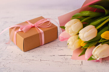 Mother`s day gift box and tulips