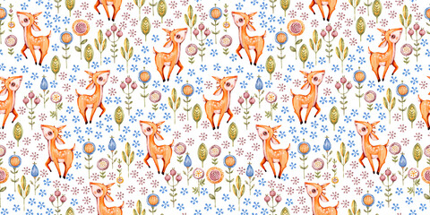Woodland vector nursery watercolor seamless pattern design for fabric, wallpaper, baby shower, birthday party. Cute forest animals. Seamless woodland pattern. watercolour Decorative woodland pattern