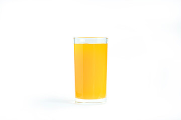 Beverage juice or yellow orange juice processed from natural fruit in clear glass on white background isolated with clipping path.