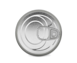 Closed tin can of food isolated on white