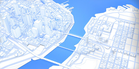 white low poly modern downtown with river above view
