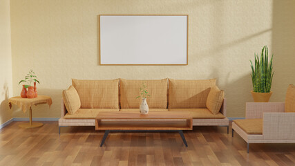 modern living room with sofa, table, vas, and landscape frame