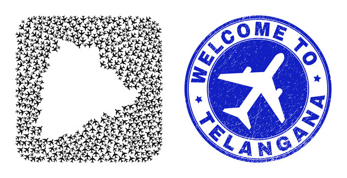 Vector mosaic Telangana State map of jorney items and grunge Welcome stamp. Mosaic geographic Telangana State map constructed as stencil from rounded square shape with airplanes.