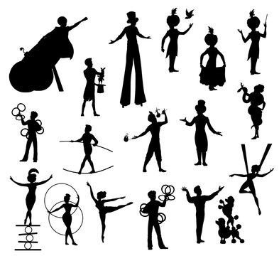 Circus performers black silhouettes, carnival top tent vector artists clown, acrobat and man cannon ball, trained dogs, juggler, magician and trapeze girl, woman with snake, balancer and tamer set