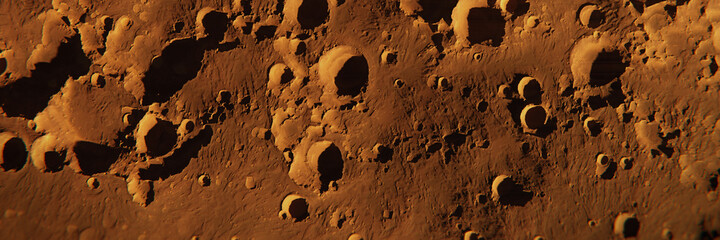 landscape with many craters on planet Mars, desert on the red planet