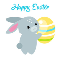 Happy Easter. Cute cartoon Easter banner with Easter eggs and Hare. 
Vector Greetings for Easter in flat kawaii style. Child Vector illustration.
For greeting card, Print t shirt, fashion art