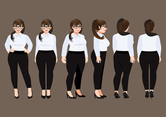 Fototapeta na wymiar Cartoon character with plus size business woman in white shirt for animation. Front, side, back, 3-4 view character. Flat vector illustration