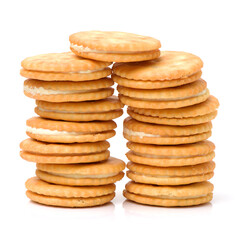 vanilla sandwich cookies on white background