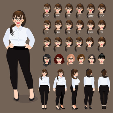 Cartoon character with plus size business woman in white shirt for animation. Front, side, back, 3-4 view character. Separate parts of body. Flat vector illustration
