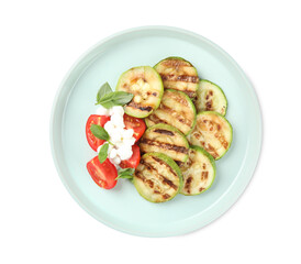 Delicious grilled zucchini slices served with cottage cheese and tomatoes on white background, top view