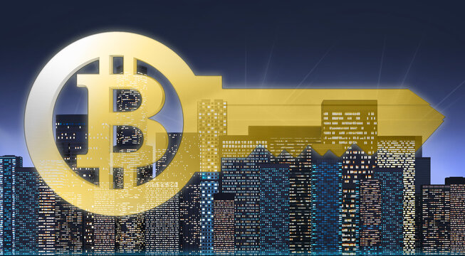 gold key with bitcoin sign on panorama of colored skyscrapers at night