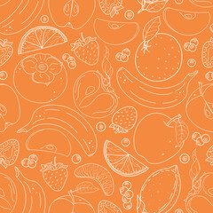 Seamless vector pattern with cute hand drawn various fruits and berries. Fruity theme doodle elements. White line objects on orange background. For wrapping paper, textile, print, fabric, wallpaper.