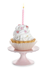 Delicious cupcake with candle on white background