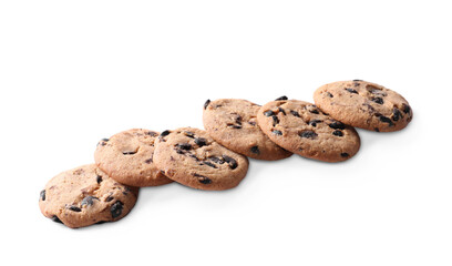 Tasty chocolate chip cookies on white background