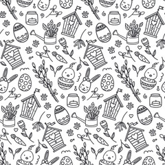 Happy easter seamless pattern with doodle elements in black and white colors. Vector wrapping paper.