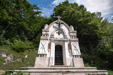 Fototapeta na wymiar Italian military chapel on Planica, Chapel Bes under Krn, Slovenia, Soca valley