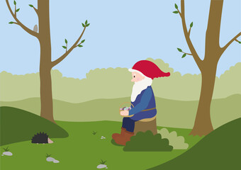 A gnome in the forest is sitting on the stub.