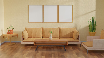modern living room with sofa, table, vas, and 3 portrait frame