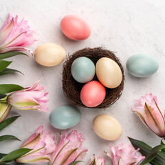 Colorful Easter eggs in the nest with pink Double Lily flower.