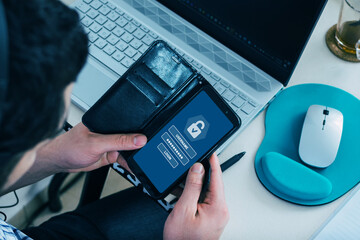 Username and password to login on cell phone screen, cyber security concept. Data protection and...