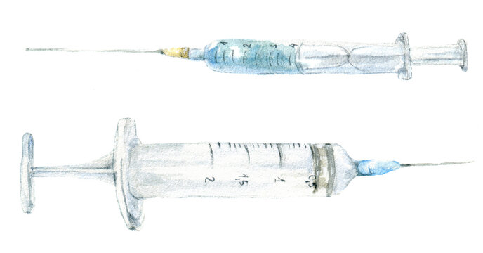Watercolor illustration of injection needles syringe isolated on white background. Syringes of different sizes, empty and with the drug, drawn by hand.
