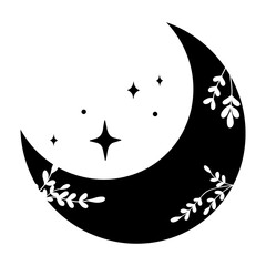 Black crescent moon with white lace floral ornament, stars. Design element for logos icons. Vector illustration. Modern Boho style doodle art © olindana