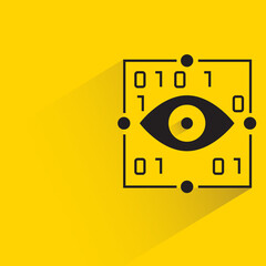 artificial eye and binary number with shadow on yellow background