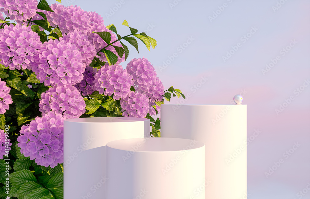 Aufkleber natural beauty podium backdrop for product display with hydrangea flower. 3d render.
