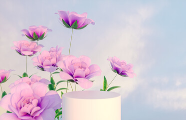 Natural beauty podium backdrop for product display with pink rose flower. 3d render.