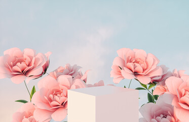 Natural beauty podium backdrop for product display with pink rose flower. 3d render.
