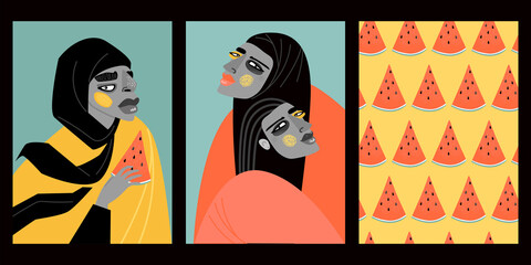 Set of vector stylized portraits of Arab girls and watermelon texture for prints and design.